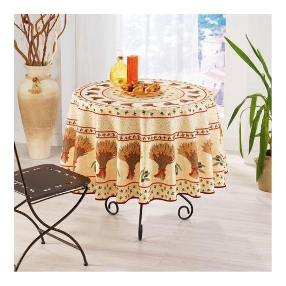 71" ROUND WHEAT BOUQUET ECRU PROVENCE TABLECLOTH